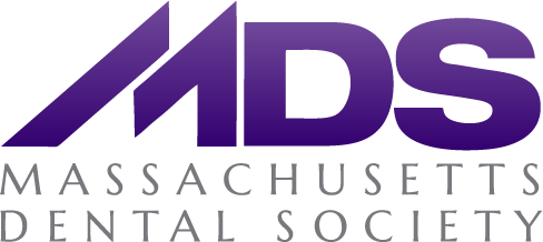 The image is a logo for the Massachusetts Dental Society, featuring a stylized  ADS  with a design resembling a tooth and gum, set against a purple background.