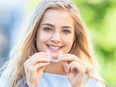 The image shows a smiling woman holding a clear plastic object, possibly a dental appliance or mouthguard, to her teeth.