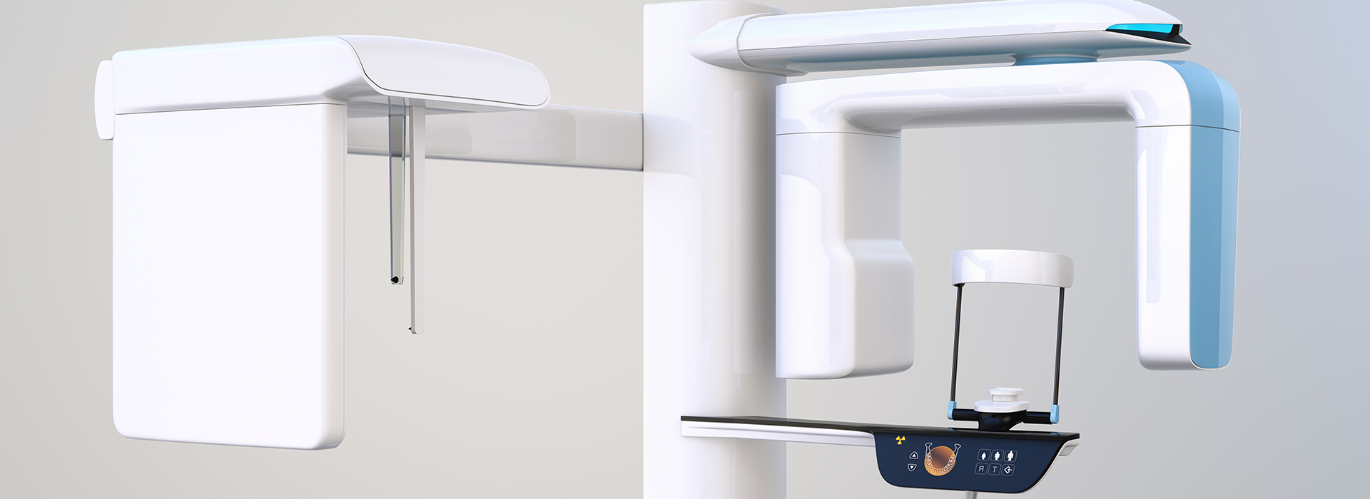 A digital rendering of a modern dental clinic setup with two chairs and a large, sleek dental equipment unit.