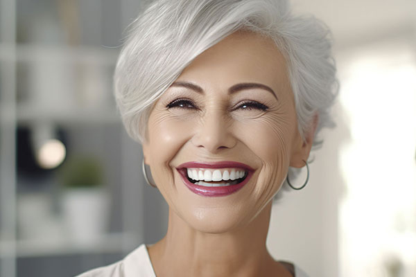 A smiling woman with white hair, wearing a white top and black earrings, in an indoor setting.